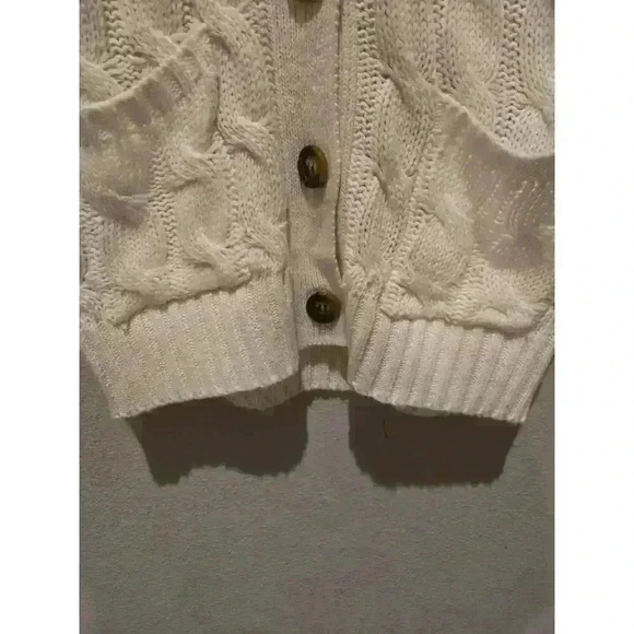 C+D+M Women's Ivory Cable Knit Cardigan Sweater w/ Pockets M Fisherman Old Money - Picture 5 of 11